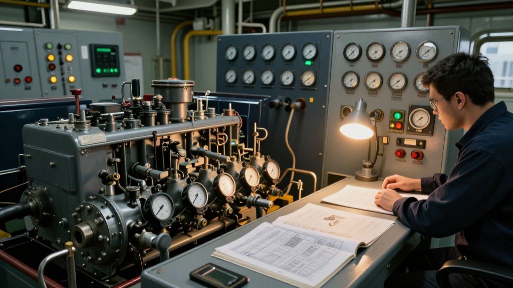 Technician inspecting diesel generator controls