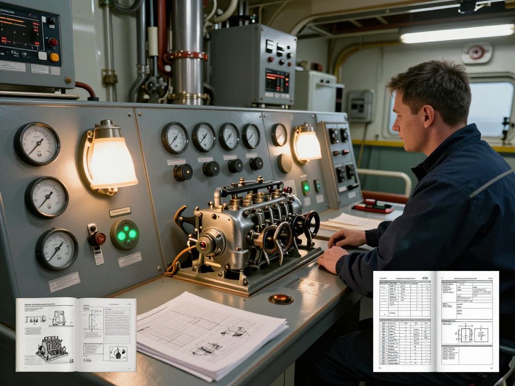 Marine engineers inspecting engine room machinery